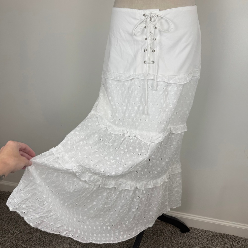 Over Kleshas White Eyelet Lace Up‎ Tiered Boho Maxi Skirt Cottagecore Size Large